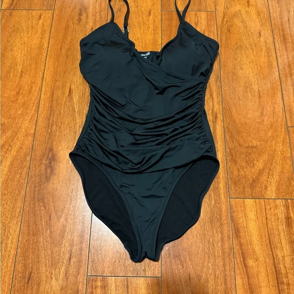 Garnet Hill Black Ruched One-Piece Swimsuit